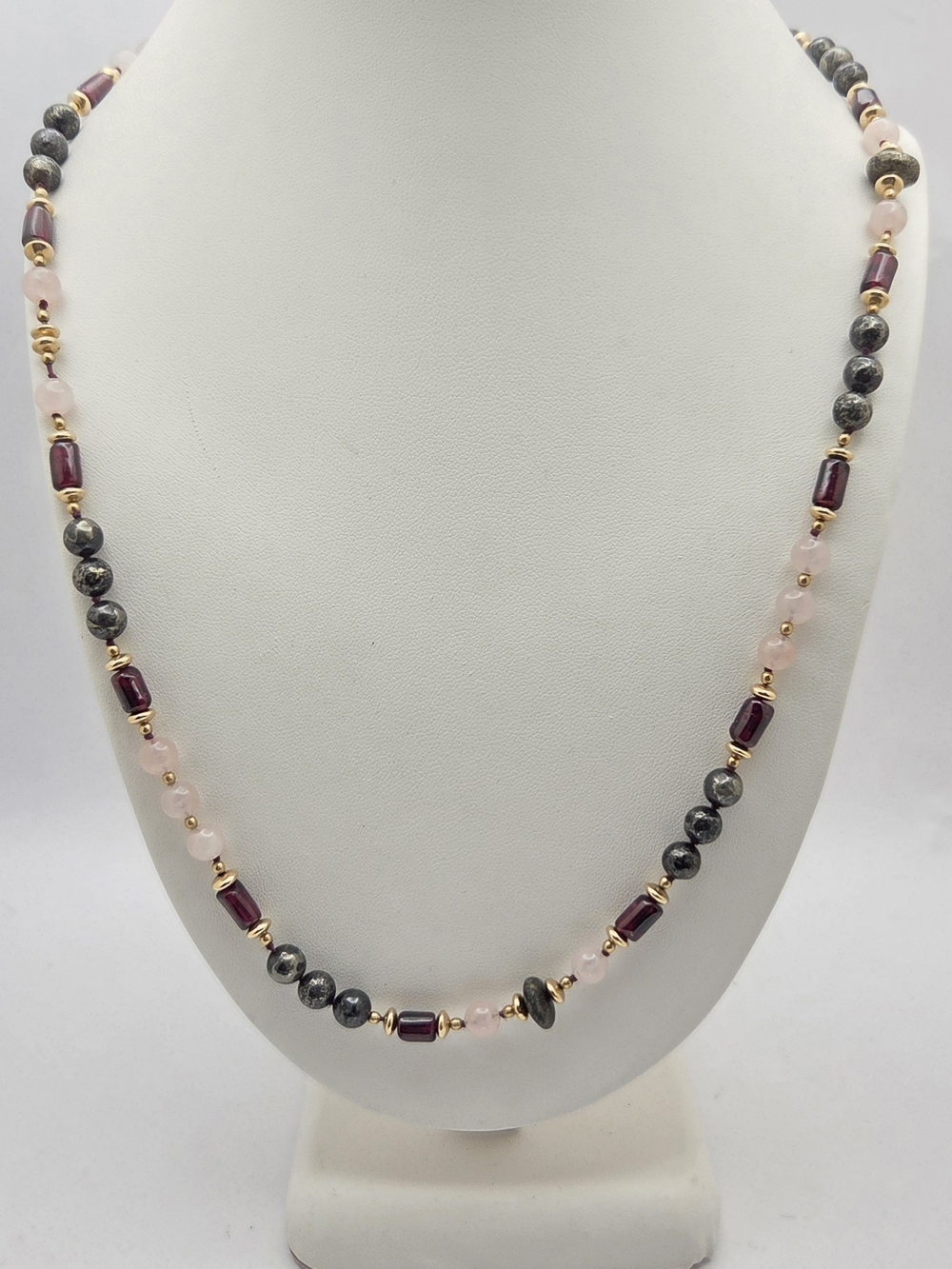Vintage 22" Gemstone Beaded Necklace Rose Quartz Garnet Pyrite